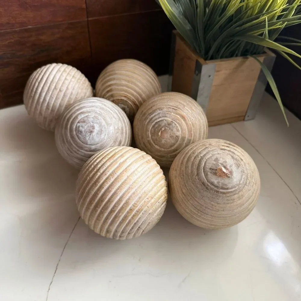 Set of 6 Ribbed Wooden Decorative Orbs Natural 4 Inch Striped Bowl Fillers